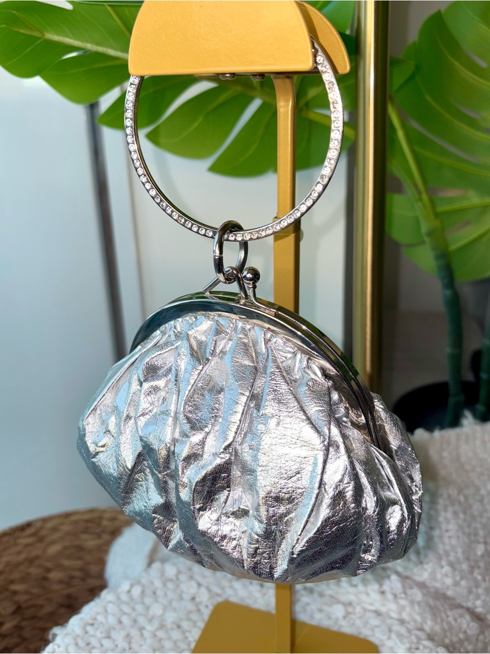 Vintage Y2K ALDO Silver Rhinestone Bracelet Handle Clutch Bag